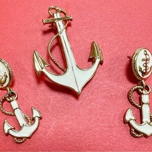 Vintage Parklane Off White Enamel Anchor Brooch and Earring Set Anchor Jewelry